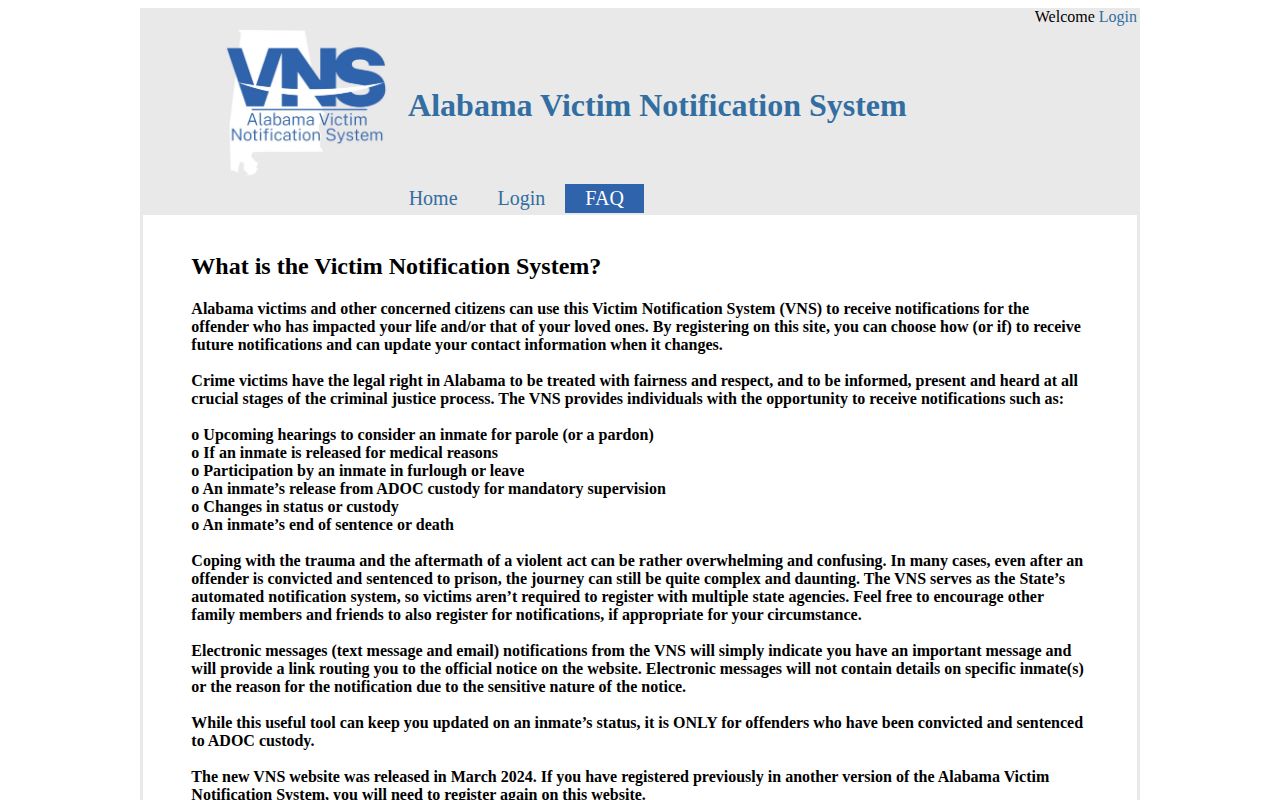 Bibb County VINELink release alert fields through Alabama VNS FAQ